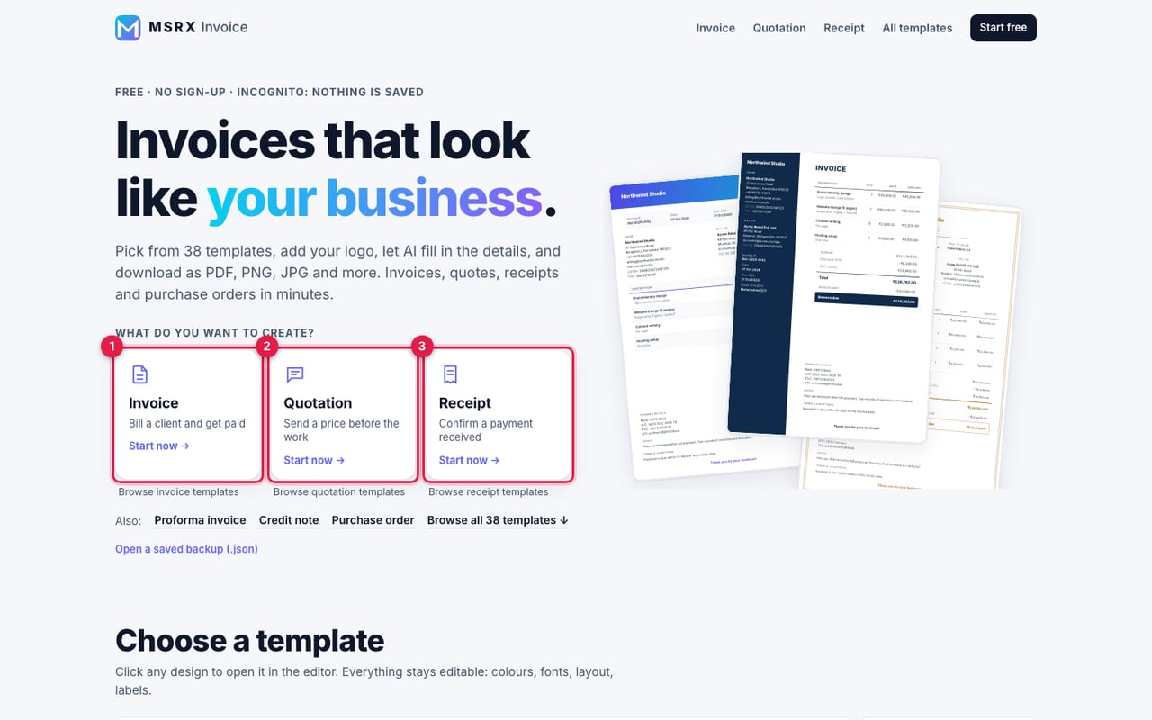 MSRX Invoice home page with three numbered cards: Invoice, Quotation and Receipt