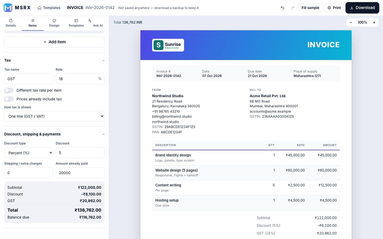 Tax section with name, rate and tax options