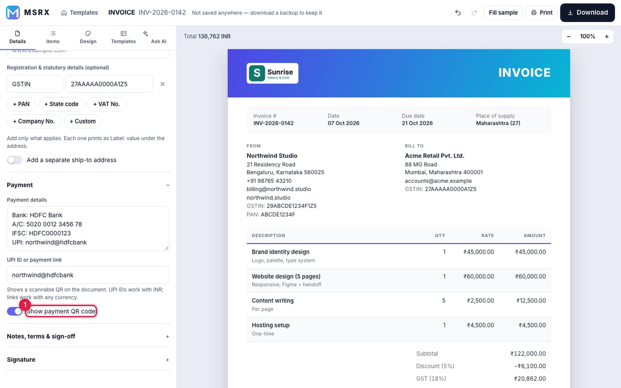 Payment section with bank details, UPI ID and the QR toggle highlighted