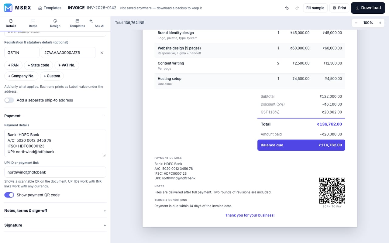Invoice bottom showing payment details and a Scan to pay QR code