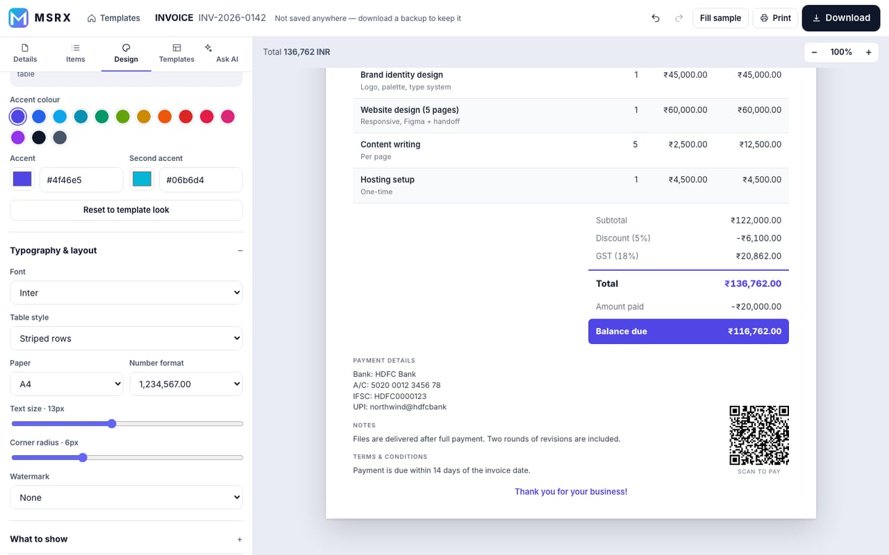 Design tab with colour swatches, font, table style and paper size