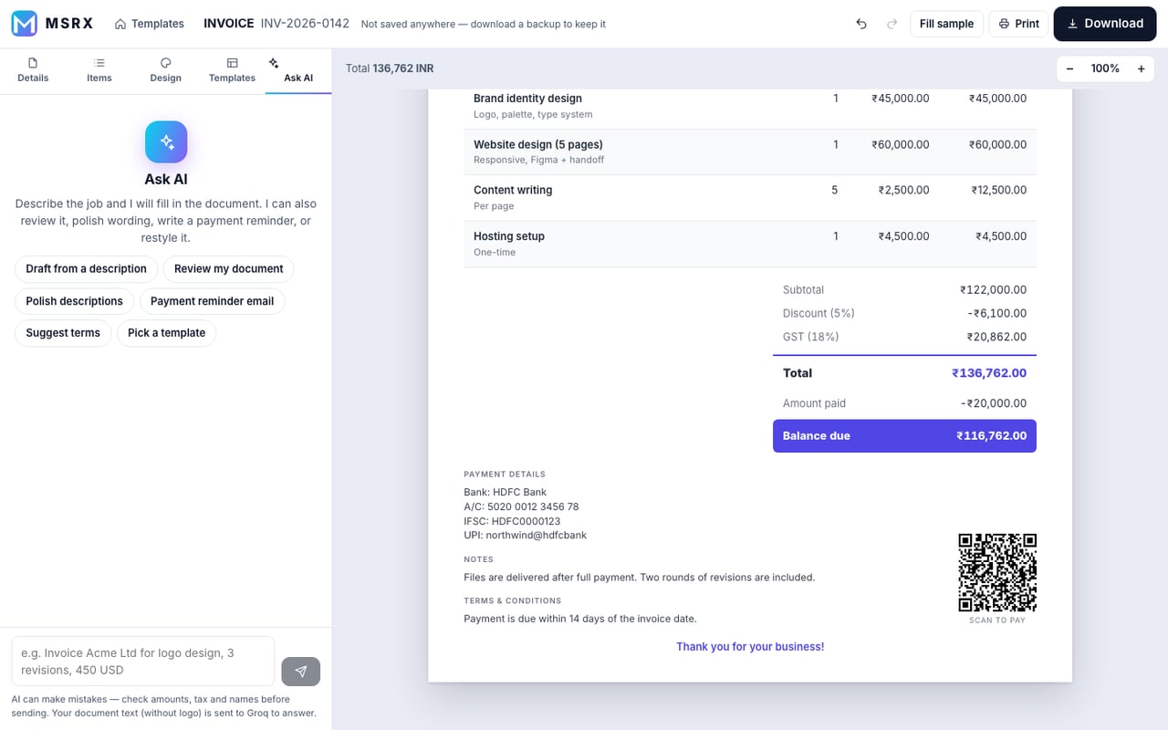 Ask AI tab with suggestion buttons and a message box