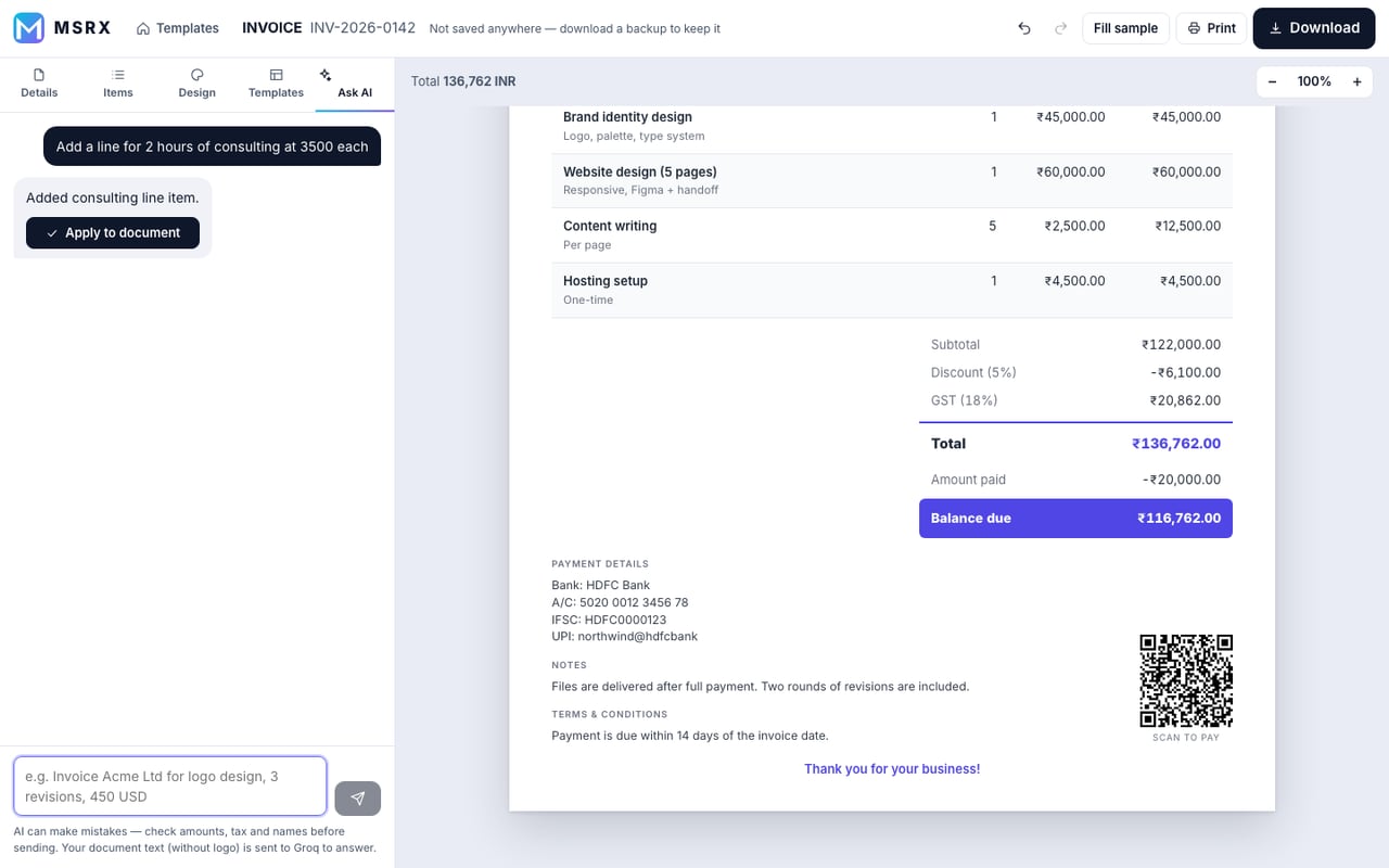 AI reply saying a consulting line was added, with an Apply to document button