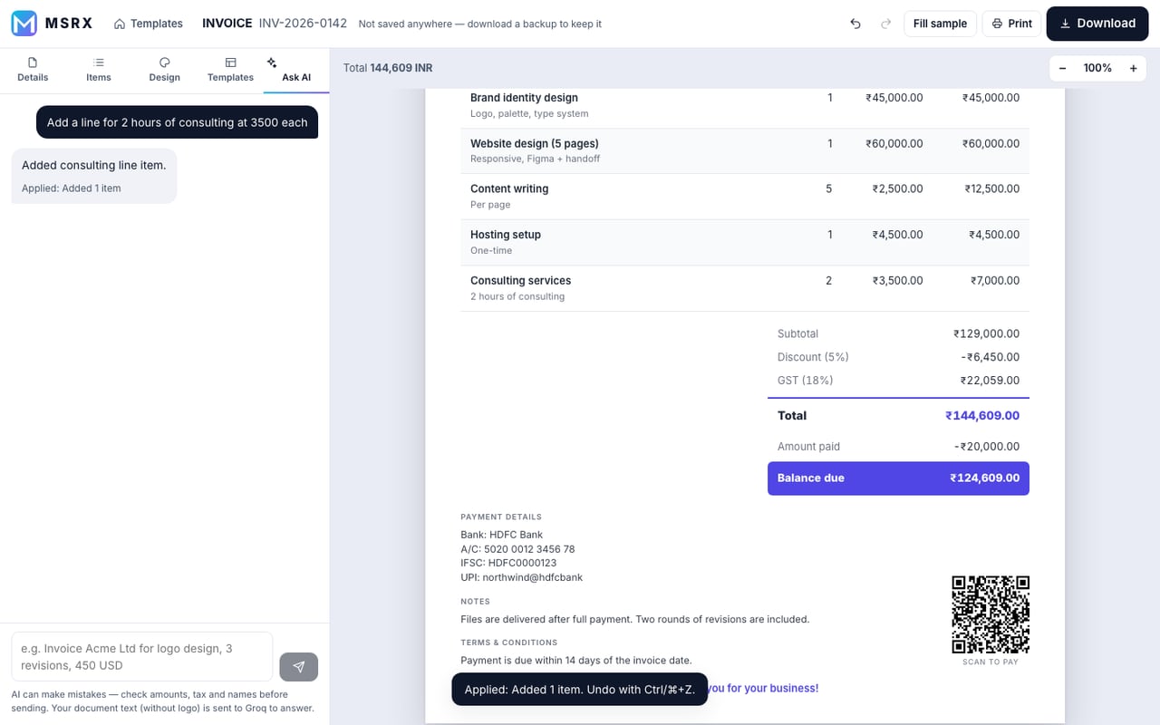 Invoice table after applying: the new consulting line appears