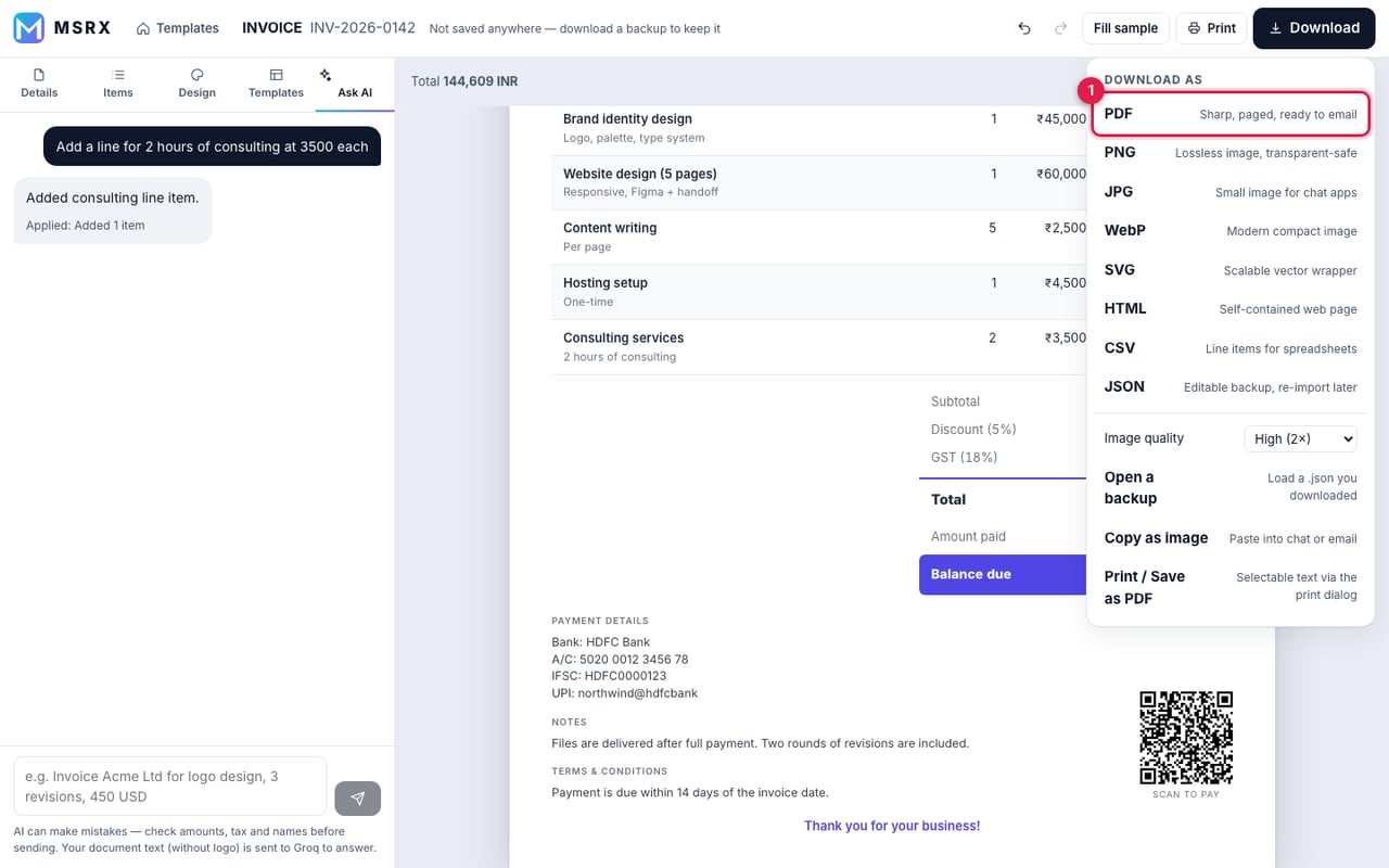 Download menu listing PDF, PNG, JPG, WebP, SVG, HTML, CSV and JSON