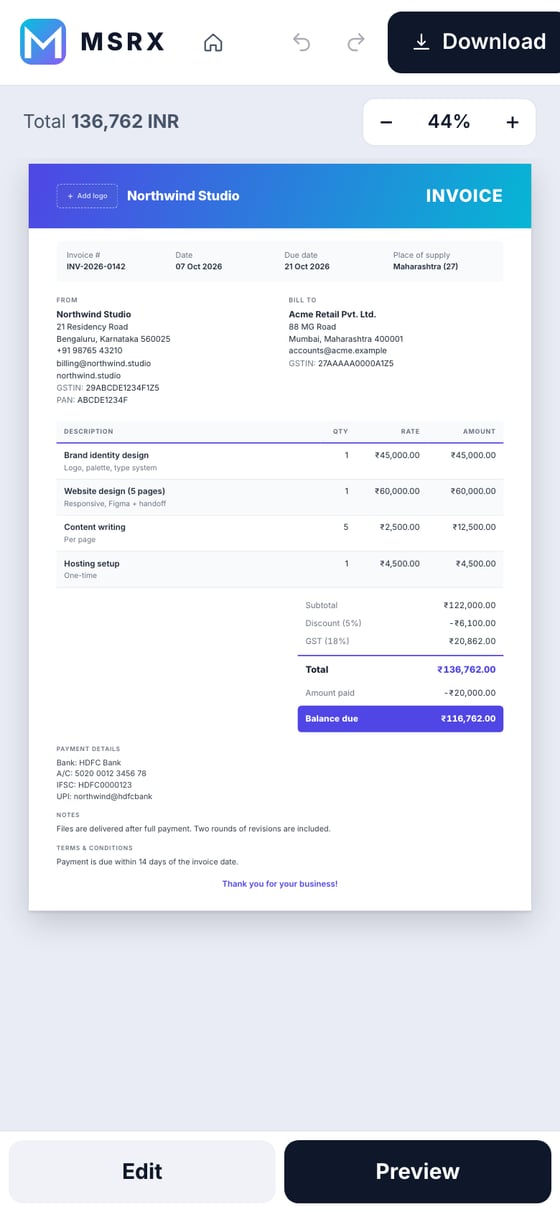 Preview of the invoice on a phone